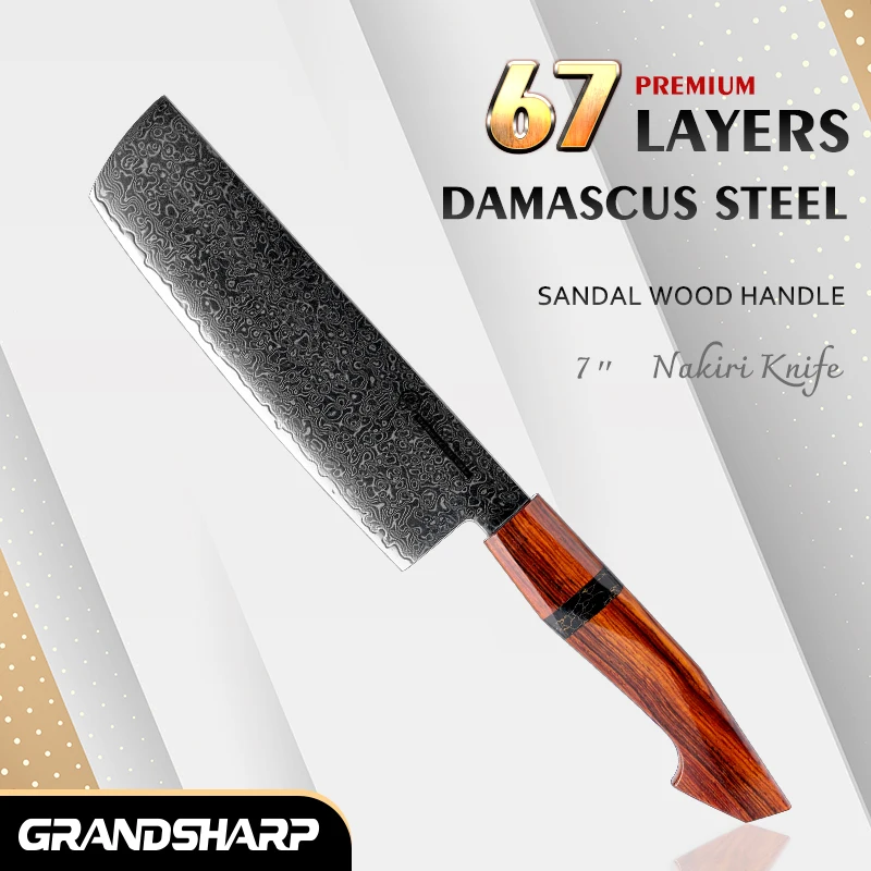 

Grandsharp 67 layers Damascus Steel 7''Nakiri Knife Ultra Sharp Kitchen Meat and Vegetable Chef's Knife with Sandal Wood Handle