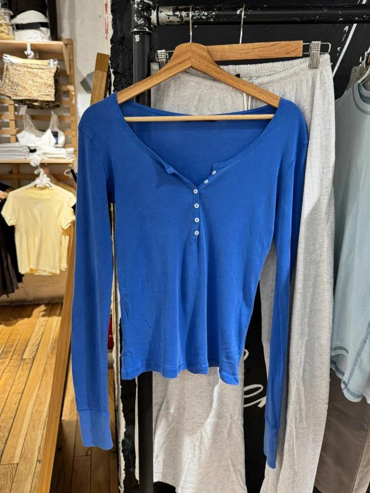 Six Buttons Royal Blue Long Sleeve T-shirts Women Autumn O-neck Cotton Slim Tee Tops New Preppy Style Solid Simple Basic Tshirts 2