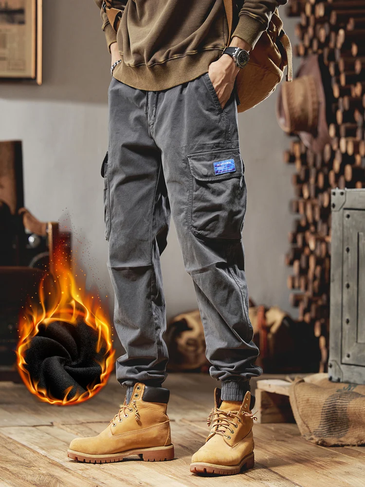 

Wear Overalls Slim Fit Joggers Cotton Casual Thermal Trousers Winter Thick Fleece Warm Cargo Pants Men Multi-Pockets Work