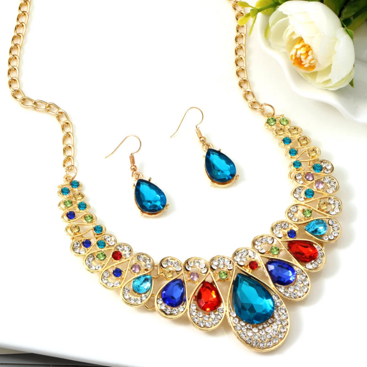 Fashion Drop Pendant Necklace Earrings Wedding Bride Crystal3-piece Set Short Clavicle Neck World Jewelry Wholesale Lowest Price