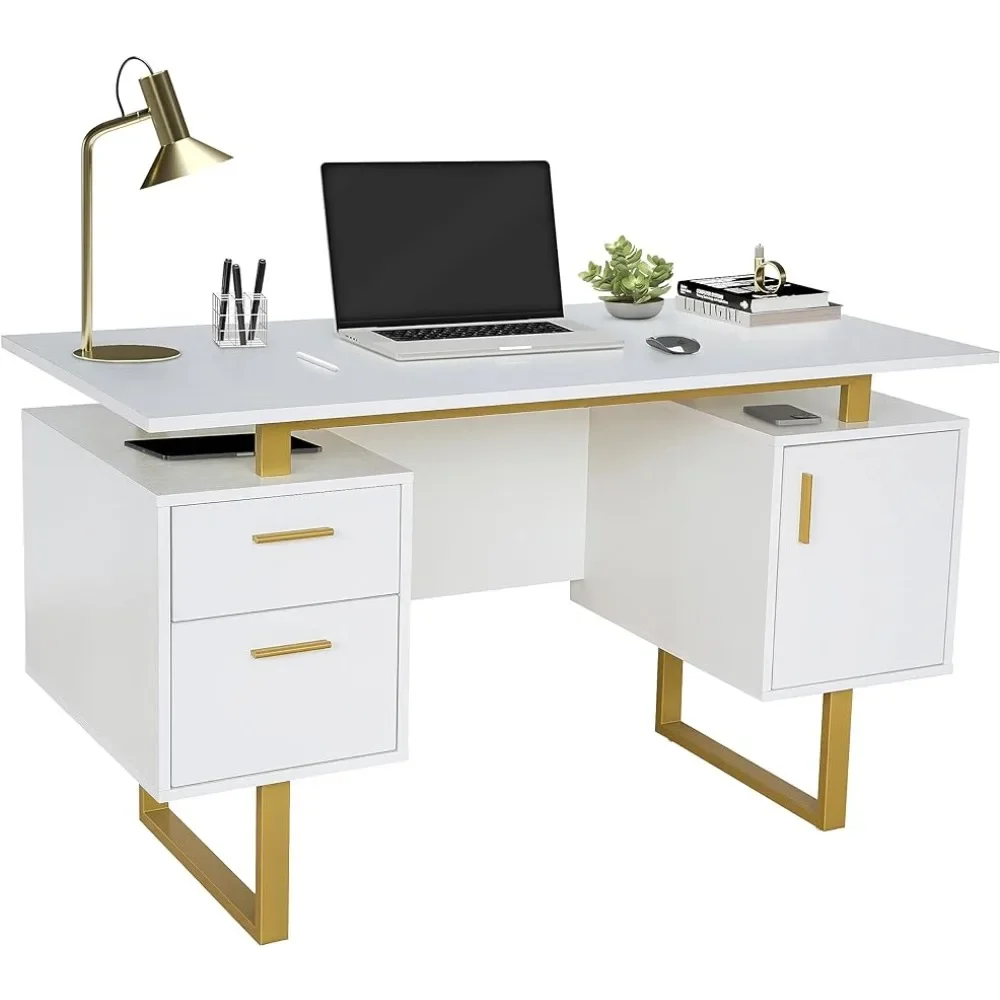 Storage Drawers and Cabinet 51.25” W-Modern Office Large Floating Desktop Surface Desk White/Gold Freight Free Computer Table floating window sliding rail desk bedroom movable and extendable computer desk pull out learning desk storage cabinet modern