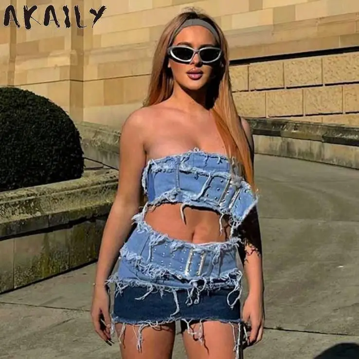 

Akaily сексуальный синий джинсовый комплект из 2 предметов с мини-юбкой без бретелек Клубные наряды для женщин 2023 летний бюстгальтер удлинитель короткий топ юбки комплект