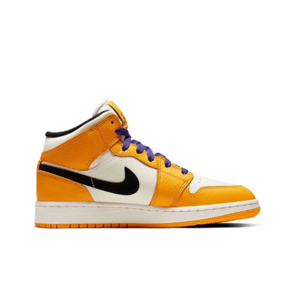 Original Air Jordan 1 Mid 'Lakers' Yellow and Purple GS Size For Women Retro Classic Basketball Sneakers Shoes BQ6931-700