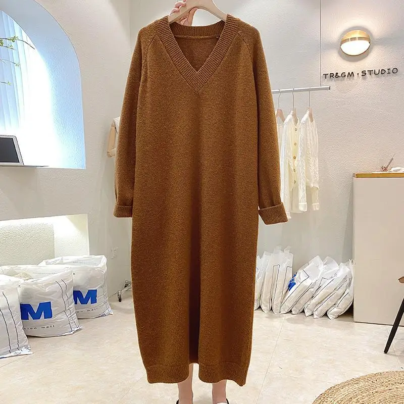 

2023 Autumn Winter New Loose Women's Dresses Solid Color Long Sleeve Underlay Female Loose V-Neck Casual Knitted Woolen Dresses