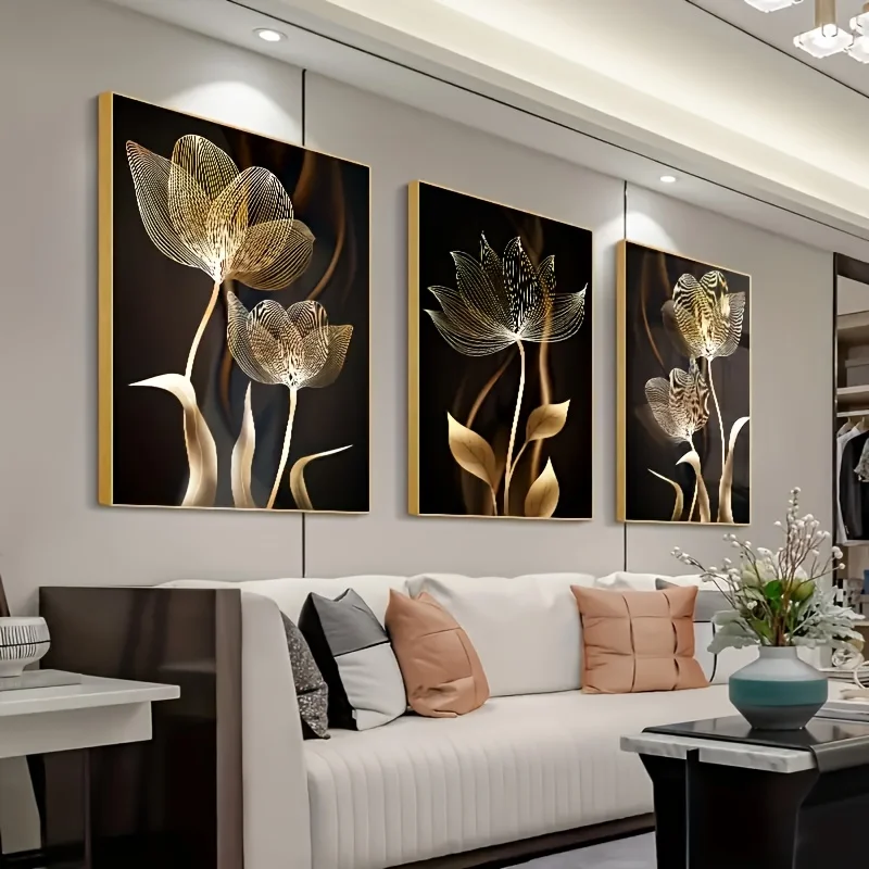 3pcs, Black and Golden Flower Wall Art Canvas Painting for Living Room Decor - Modern Abstract Design, No Frame Required 3