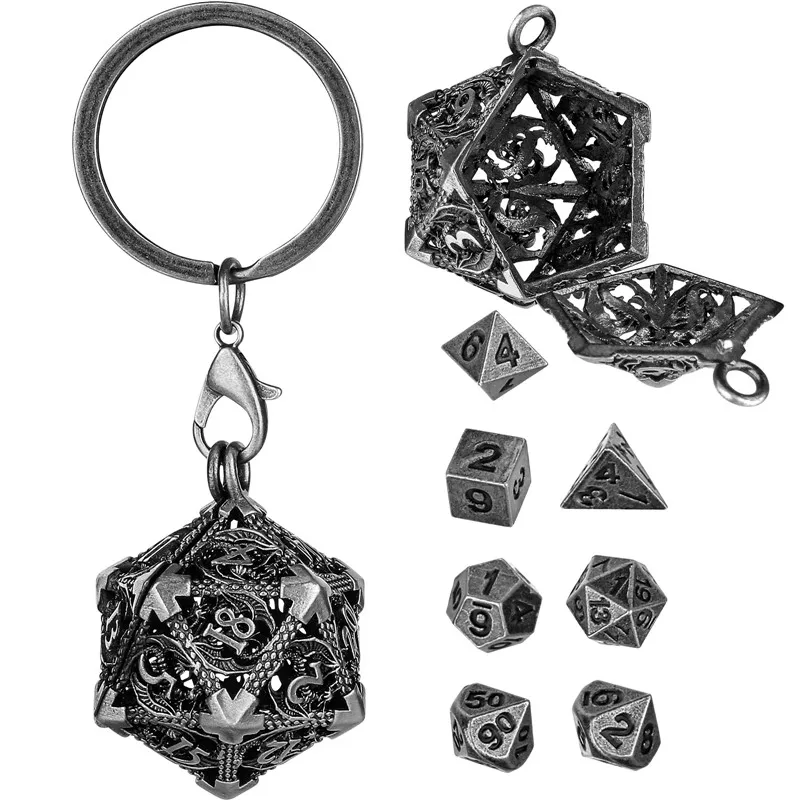 Small Portable Keychain with Hollow D20 Metal Case Tiny 7pcs