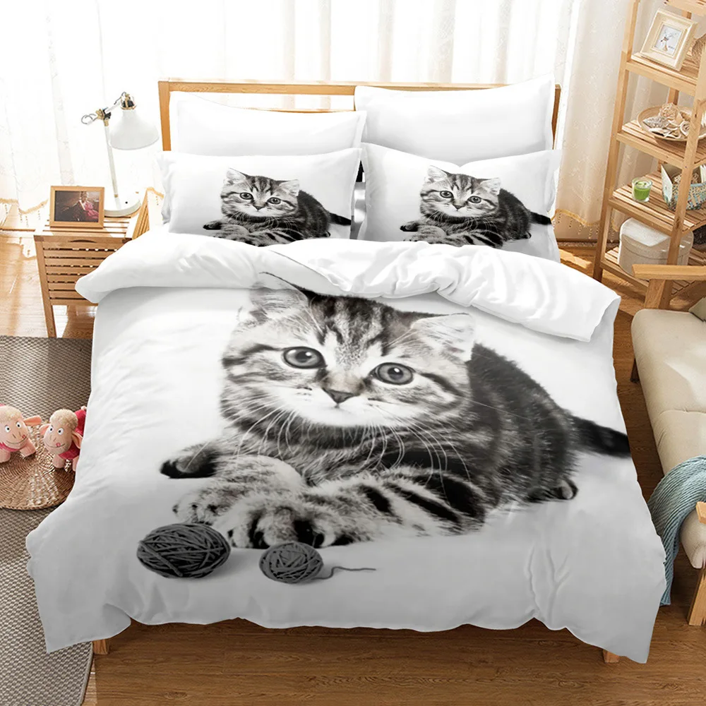 Cute Cat Duvet Cover 3D Animal Bedding Set Pet Kitten Comforter