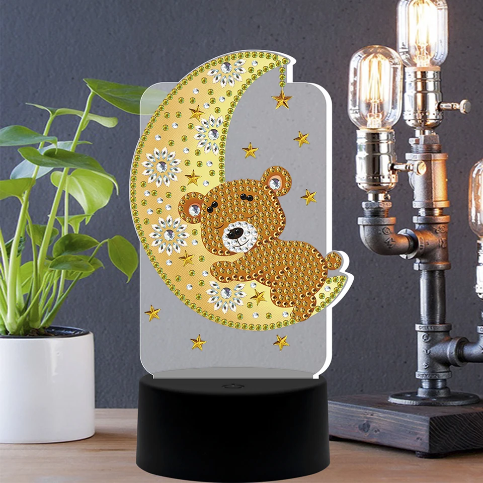 CRGANGZY Kit Pittura Diamanti Fai Da Te – Lampada Notte LED Con Forma Di Luna E Orso, 15x8.8x3.8 Cm - 2