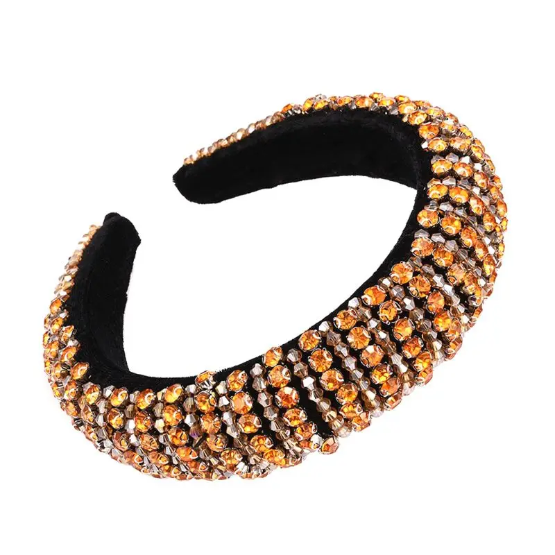 Baroque Luxury Full Jewelry Wide Hair Hoop Women Colorful for Rhinestone Beaded Stripes Headband Delicate Thick Padded Bandana