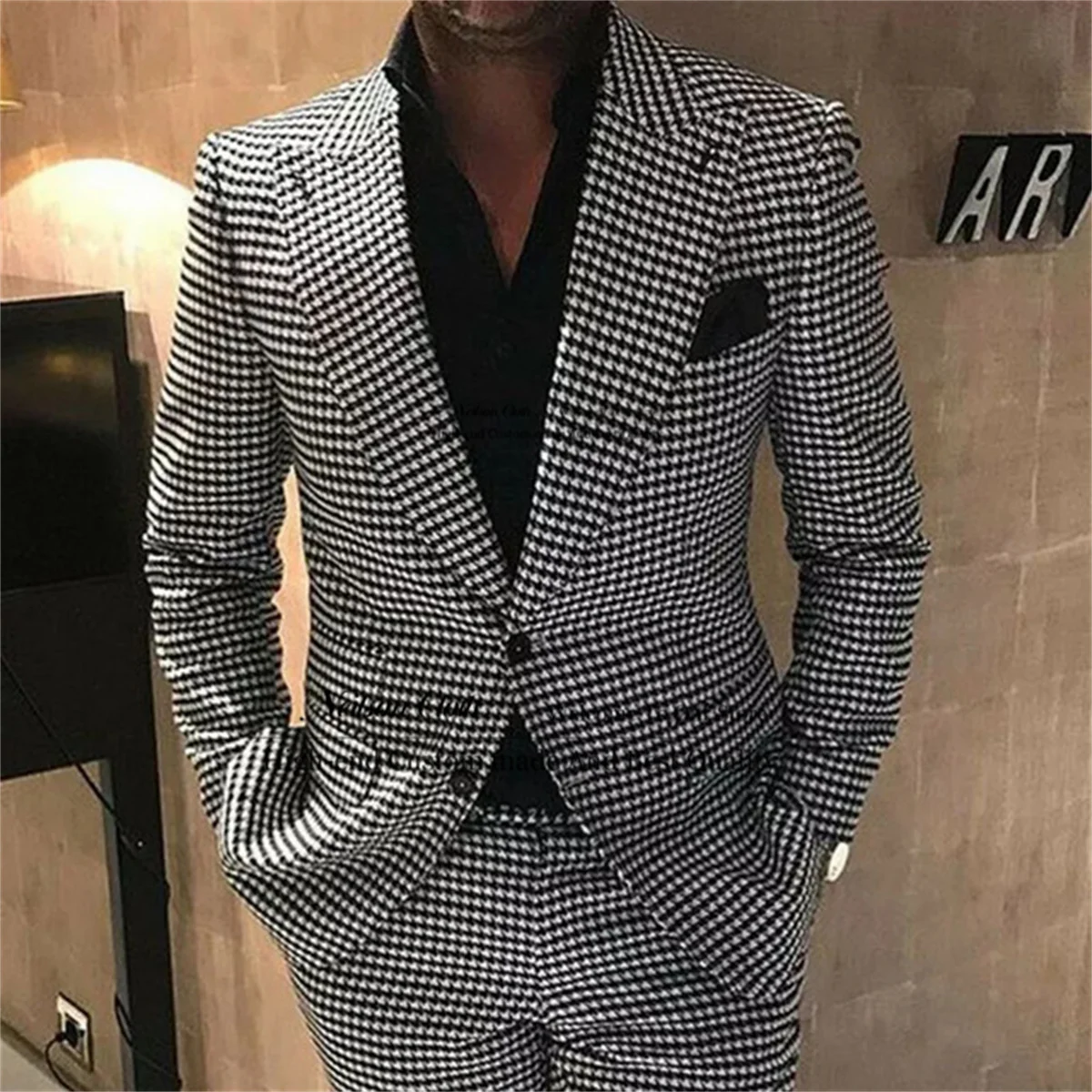 

Formal Houndstooth Men Suits Peaked Lapel Groom Wedding Tuxedos 2 Pieces Sets Business Male Blazers Slim Fit Costume Homme