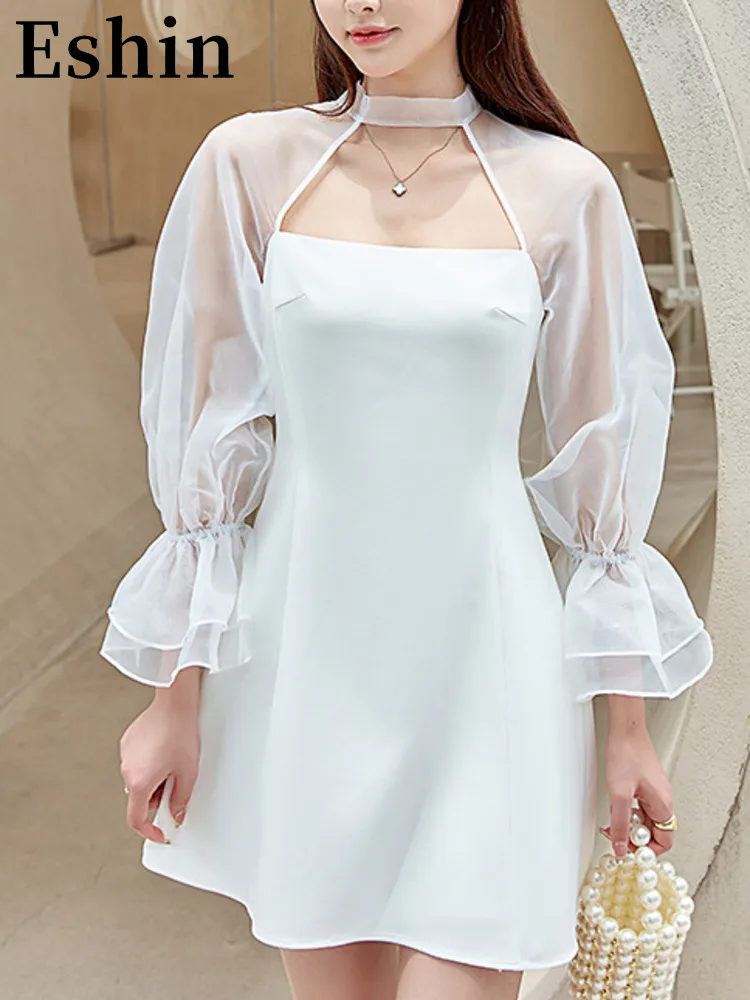 

Eshin Solid Color Patchwork Gauze Flare Sleeve Dress For Women 2023 Summer Fashion Female New Elegant Versatile Dresses TH3999