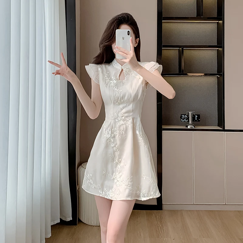 

Женское летнее платье-Ципао без рукавов с вышивкой и высокой талией