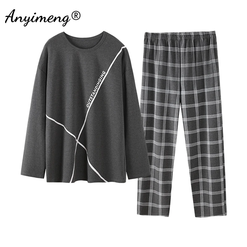 Pajama Sets Spring Autumn Cotton Long Sleeve Sleepwear for Man Big Size Pullover Homewear L-4XL Man Pajama Set Minimalist Boy Loungewear