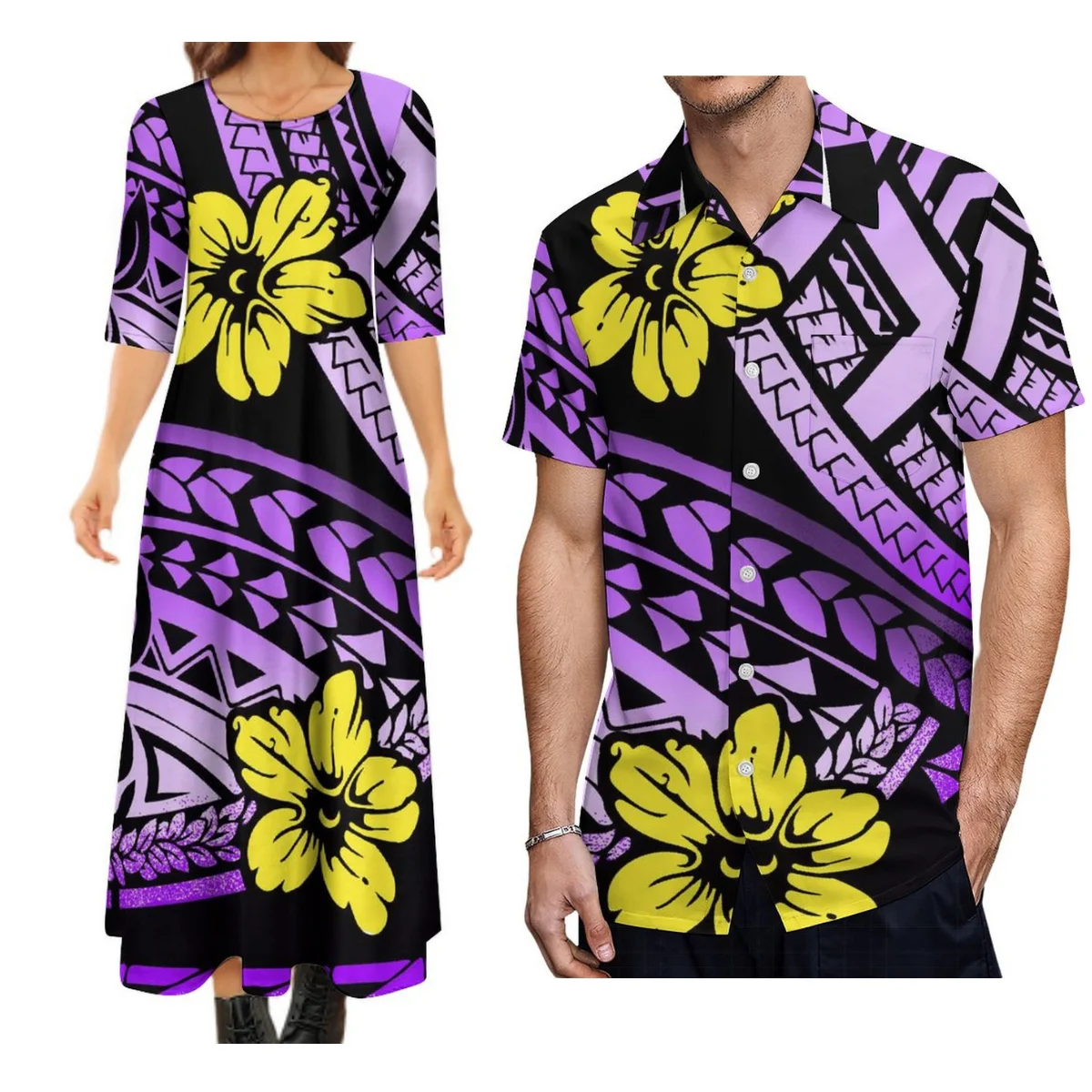 

Custom Polynesian Island Design Couple Set Short Sleeve Shirt 9xl For Men With Mid-Sleeve Long Skirt Samoan Dress For Women