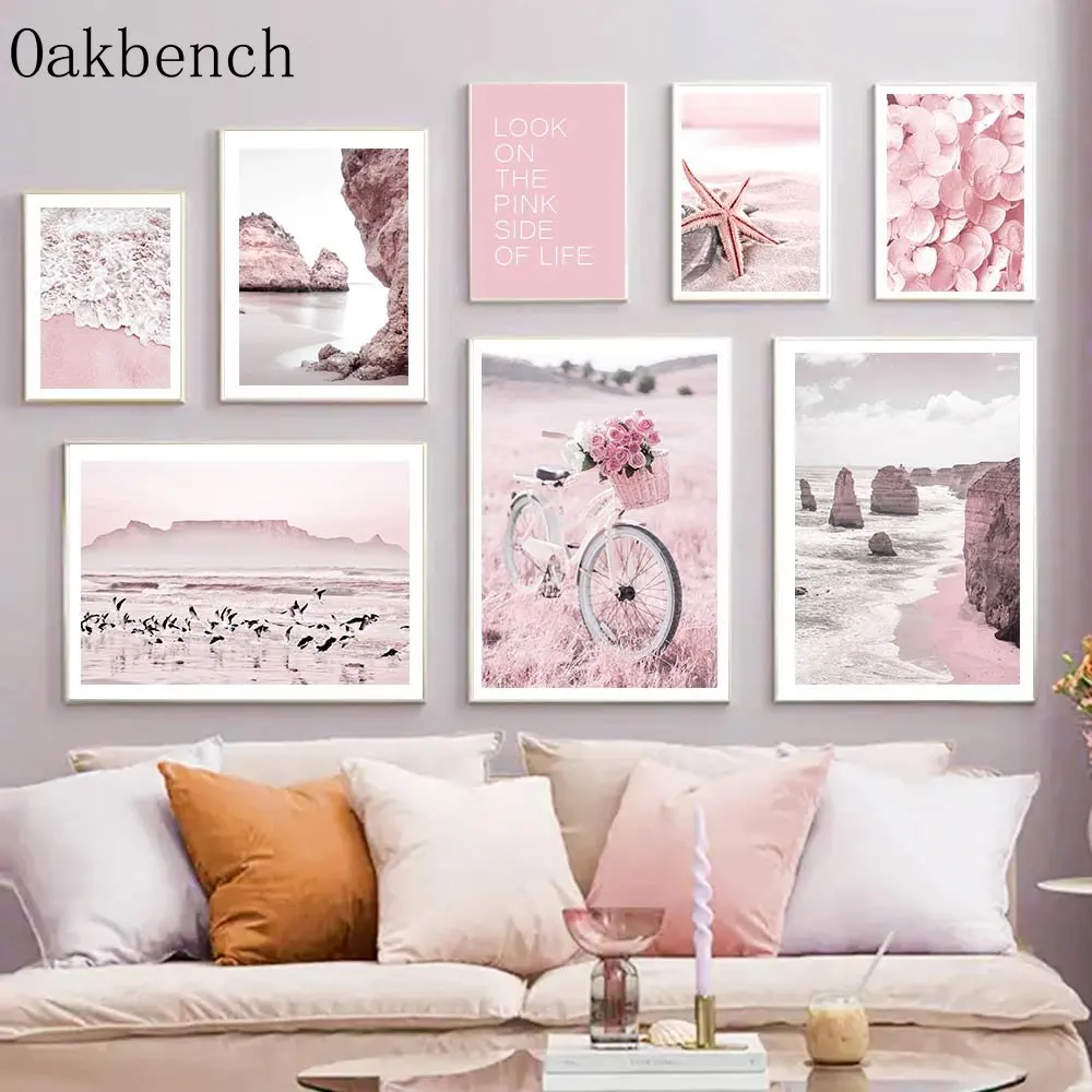 PinkWallArtBeachRockCanvasPosterStarfishArtPrintsRoseFlowers
