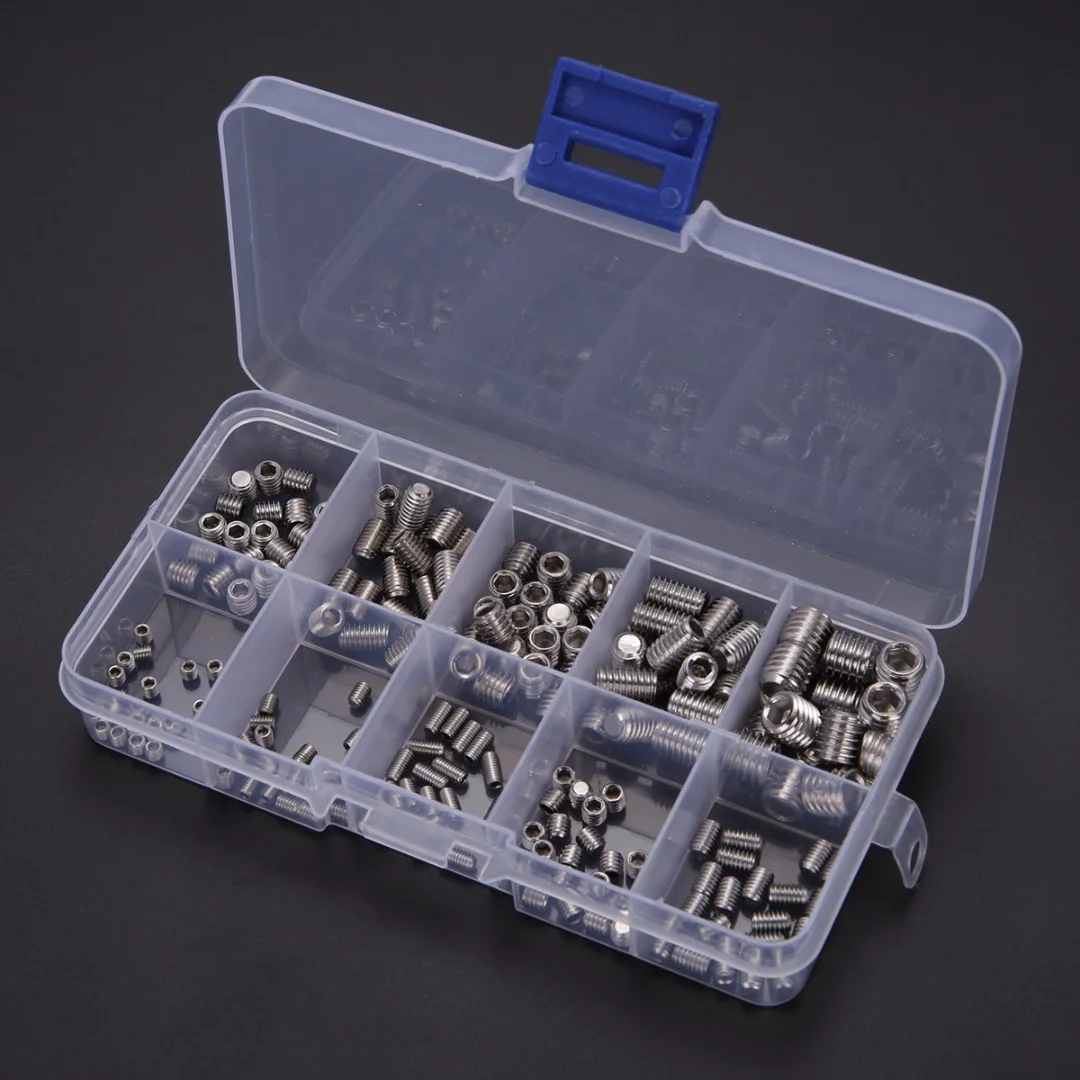 ABZV-200Pcs 304 Stainless Steel Grub Screws Hex Socket Screw Assortment Kit Set M3/M4/M5/M6/M8