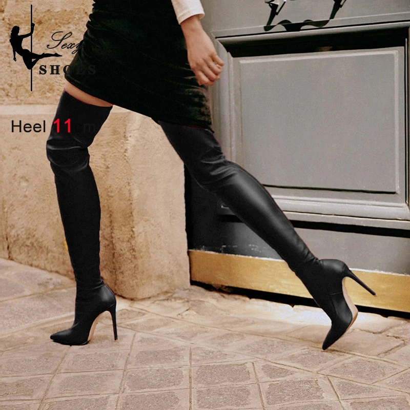 Wine red Sexy High Heels Stretch Leather Over-the-Knee Women's Boots Pointed Toe Thigh High Long Boots Slip-On Feminina Shoes