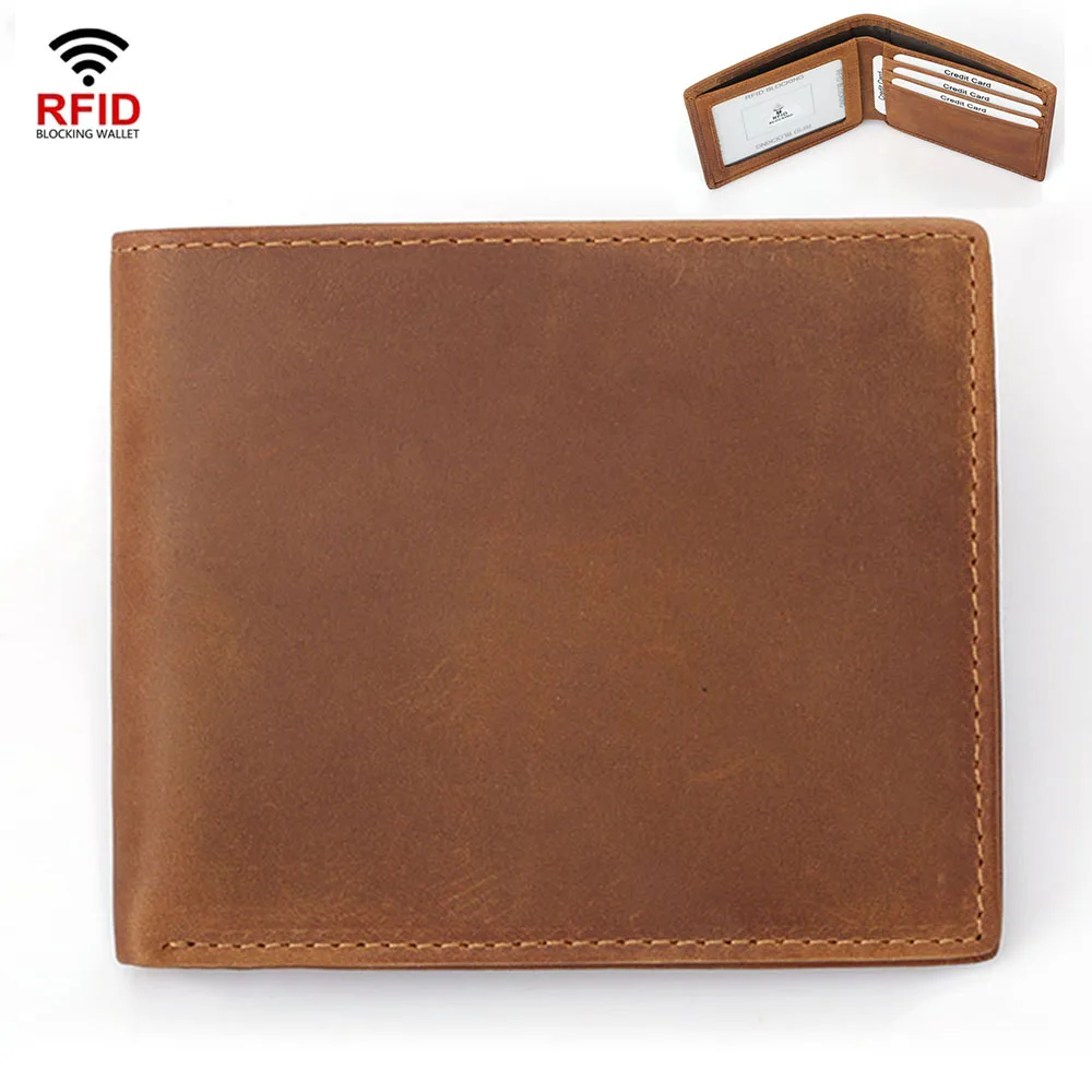 Short RFID Men Wallets Crazy Horse Leather Card Holder Male Wallet Vintage Photo High Quality Genuine Purses |