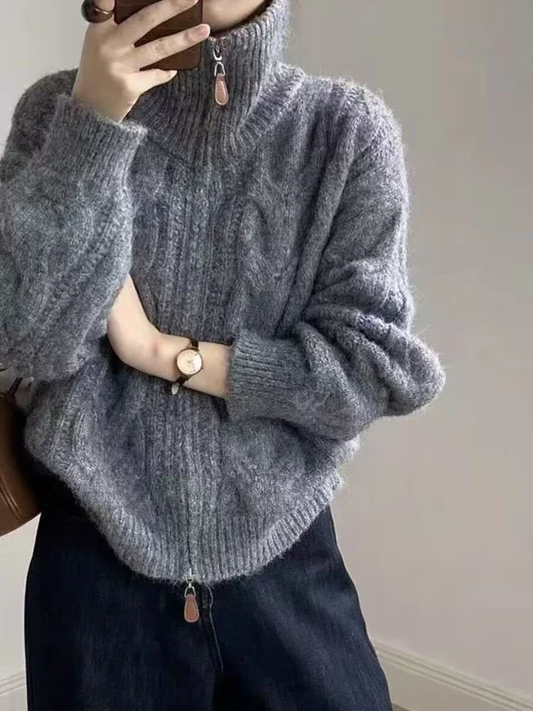 Women's Turtleneck Cardigan Long-sleeved Sweater Autumn and Winter New Zipper Solid Color Office Sweater Jacket Korean Fashion