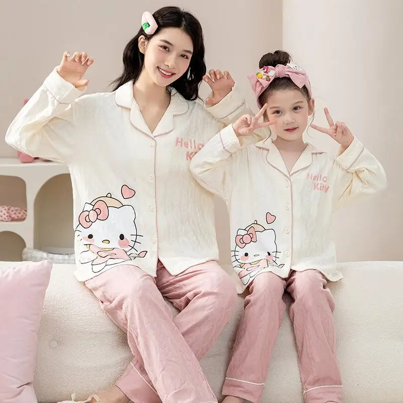 

Kawaii Miniso Cotton Parent-Child Pajamas Set Cartoon Anime Hello Kittys My Melody Cinnamoroll Kuromi Long-Sleeved Home Clothes