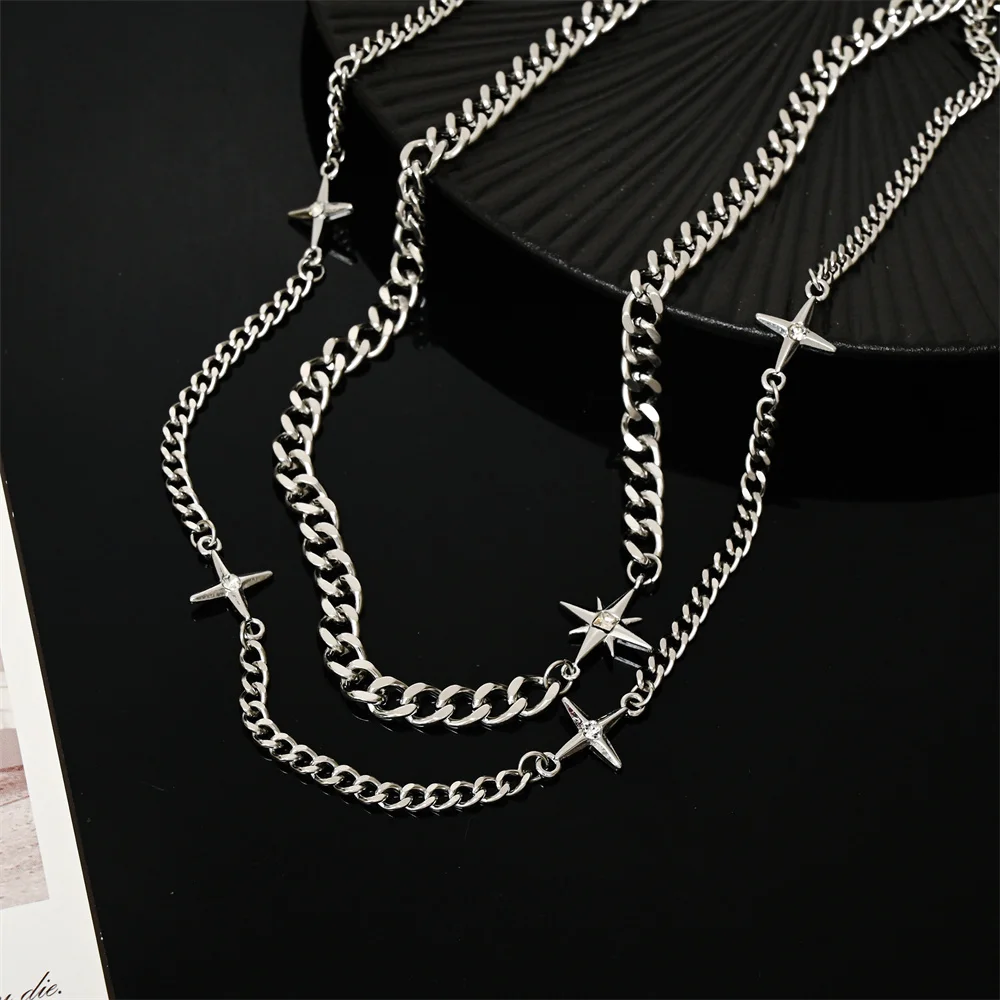 Hip Hop Doppel-schicht Stern Kreuz Halskette Für Mann Frau Titan Stahl Schlüsselbein Kette Choker Punk Männlichen Zubehör Großhandel – Detail 5