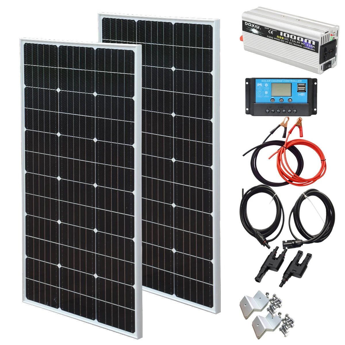 Sistema Di Pannelli Solari 220V / 110V 200W 12V, Sistema Di Pannelli Solari Off-Grid: 2 X 100W Pannello Solare + 1000W Inverter + 20A Controller + 2 S