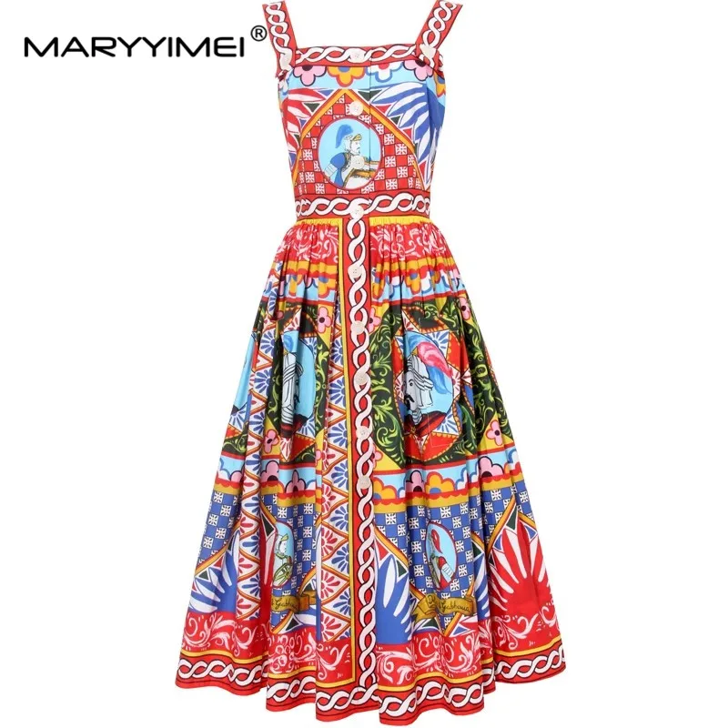

Модное летнее хлопковое женское платье MARYYIMEI, однобортные Хлопковые Платья с винтажным принтом на бретелях-спагетти
