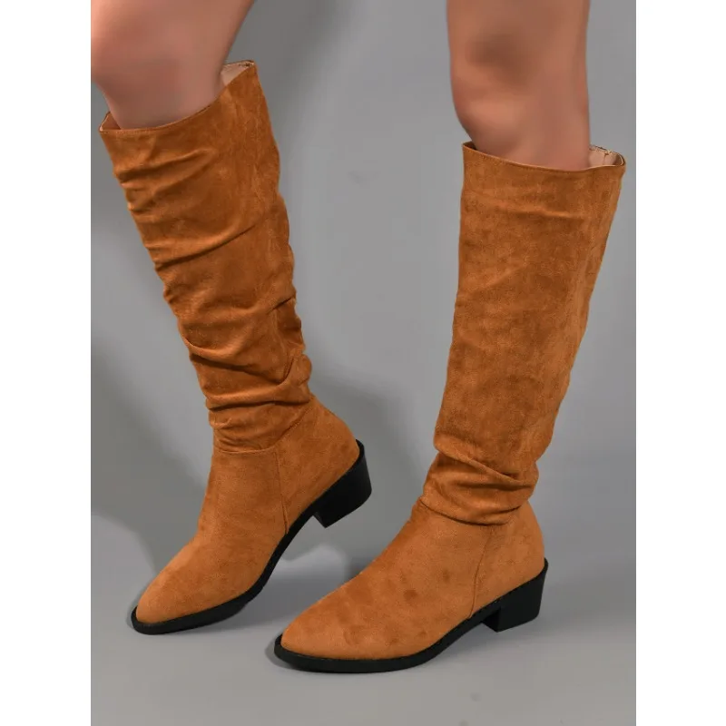 2023 New Women Western Boots Korean Style Autumn Retro Pointed Toe Long Boots Thick Heel Outdoor Hiking Shoes