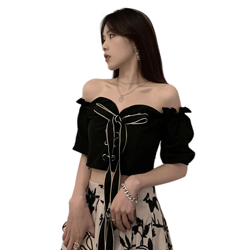 

Женские летние футболки с пузырьковым рукавом и открытыми плечами с воротником «одно слово», футболка с коротким рукавом, универсальные Топы