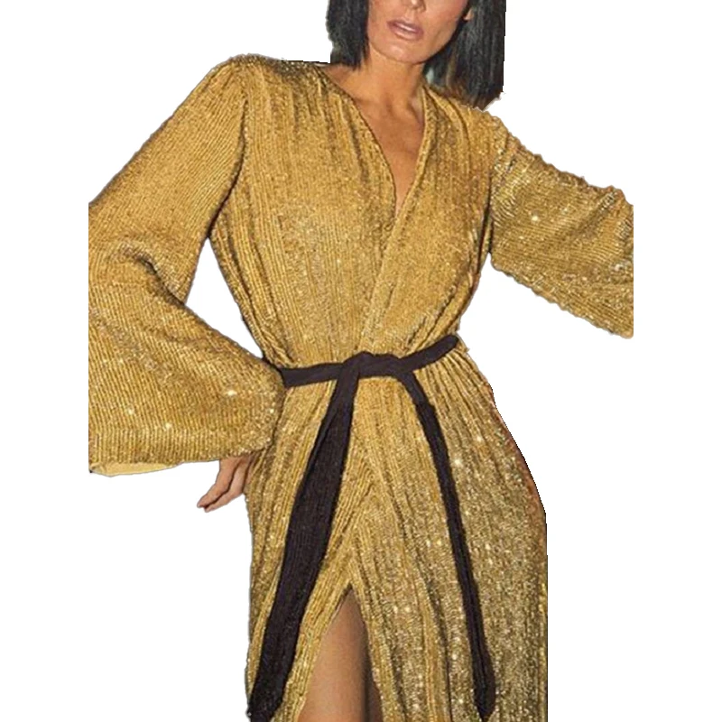 

Пикантное длинное платье-макси с расклешенными рукавами пальто кардиган Золотой яркий шелк элегантные свободные длинные платья для женщин весенние осенние Клубные женские