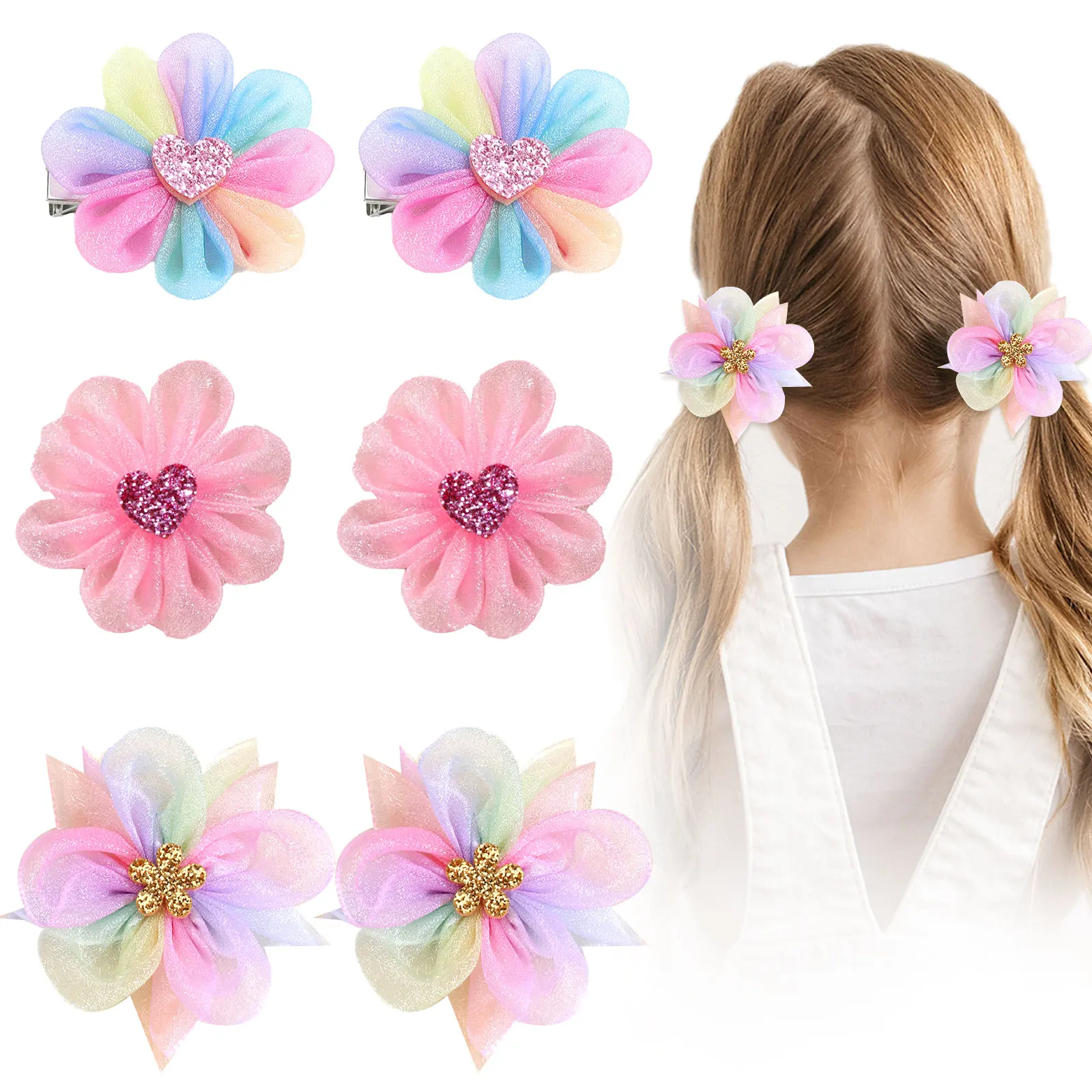 Mädchen Haarspangen Set - 14-teilig Mit Blumen, Herzen & Regenbogen-Motiven