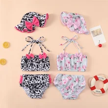

0-3 Years Summer Baby Girl 3-Piece Bikini Sets Toddlers Print Swimwear Halter Tie-Up Bow Tops Briefs Sunhat Swimsuit Beachwear