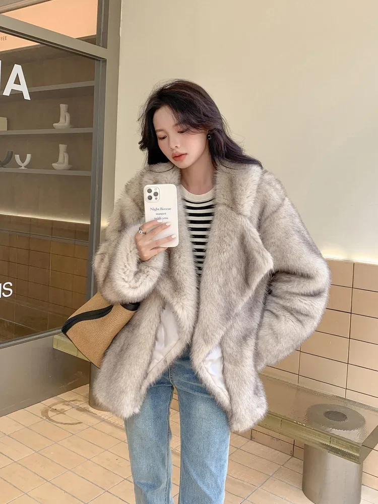 Imitation Fur Coat Women's Clothing Mid Length Loose Comfortable Fashion Large Turn-down Collar Long Sleeve Faux Fox Fur Jackets
