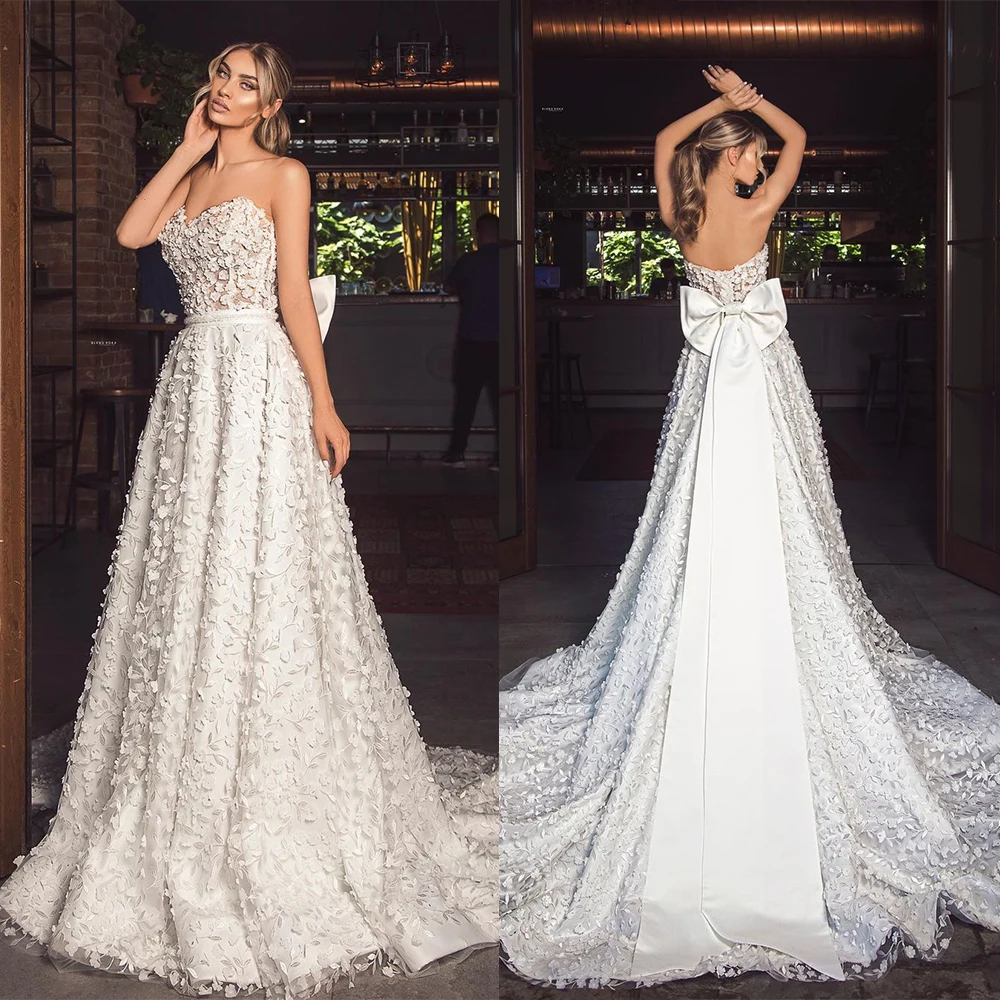 

Simple A-Line Wedding Dress For Women Strapless Sweetheart Appliques Bridal Gown Slim Fit Bow Backless Skirt Vestidos De Novia