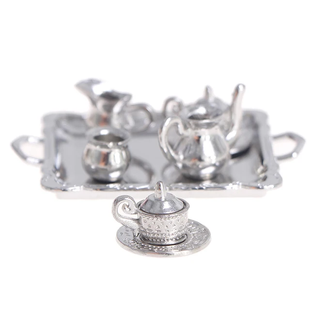 10pcs 1/12 Dollhouse Miniature Silver Metal Tea Coffee Tray Tableware Set 4