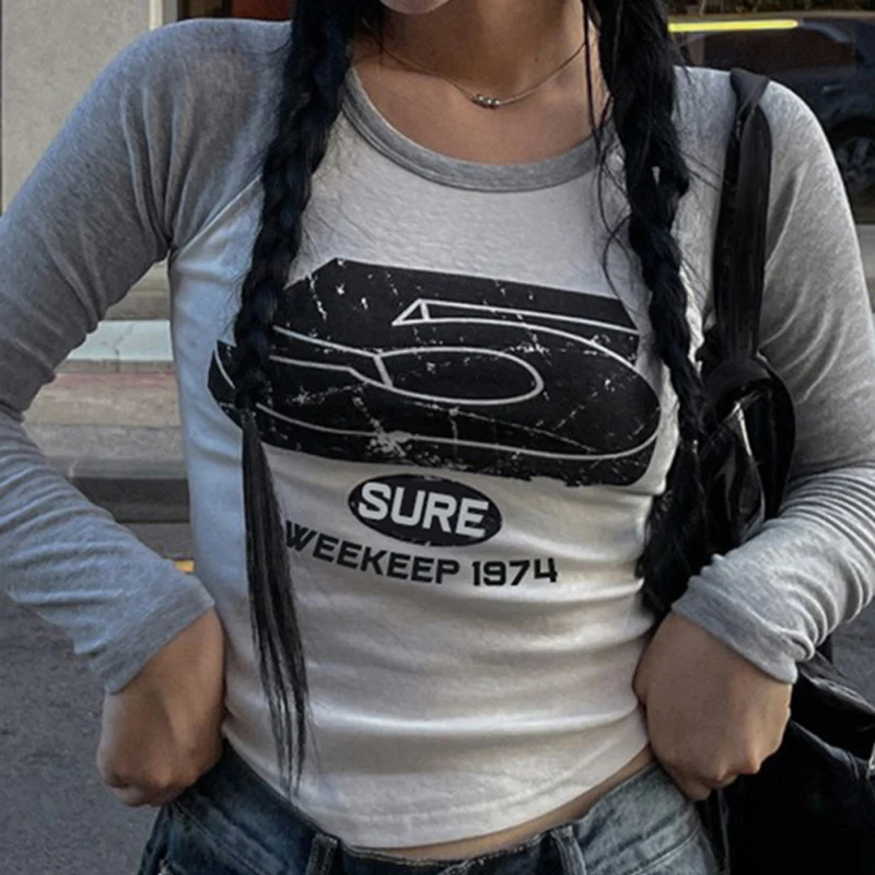

Girl Slim Insert Shoulder Long Sleeve Print Women's Short T-shirt 2024 Spring Street Style Woman Clothing Y2k Crop Top Tops Tees