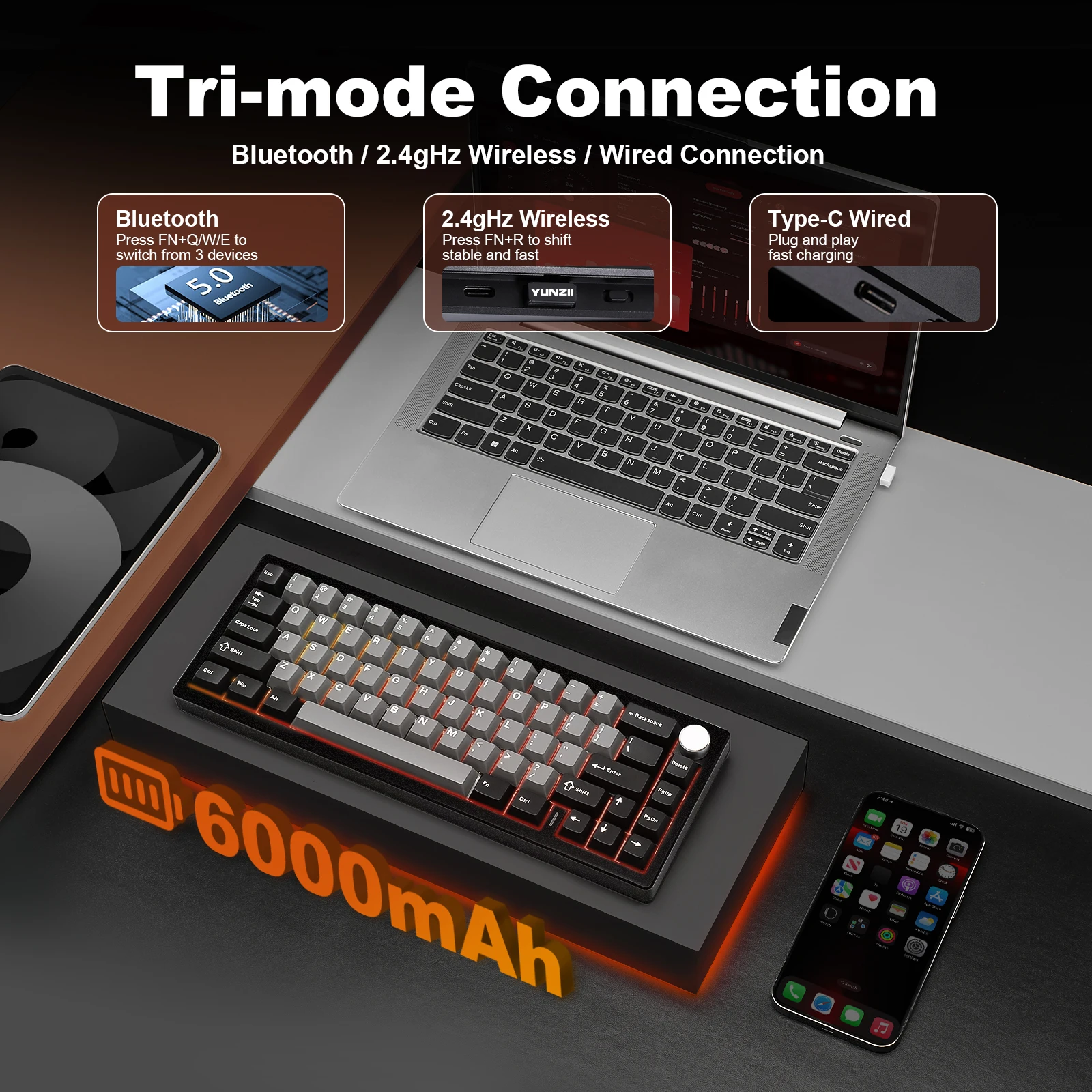 YUNZII AL68 Silver Wireless Custom Mechanical Keyboard, QMK/VIA