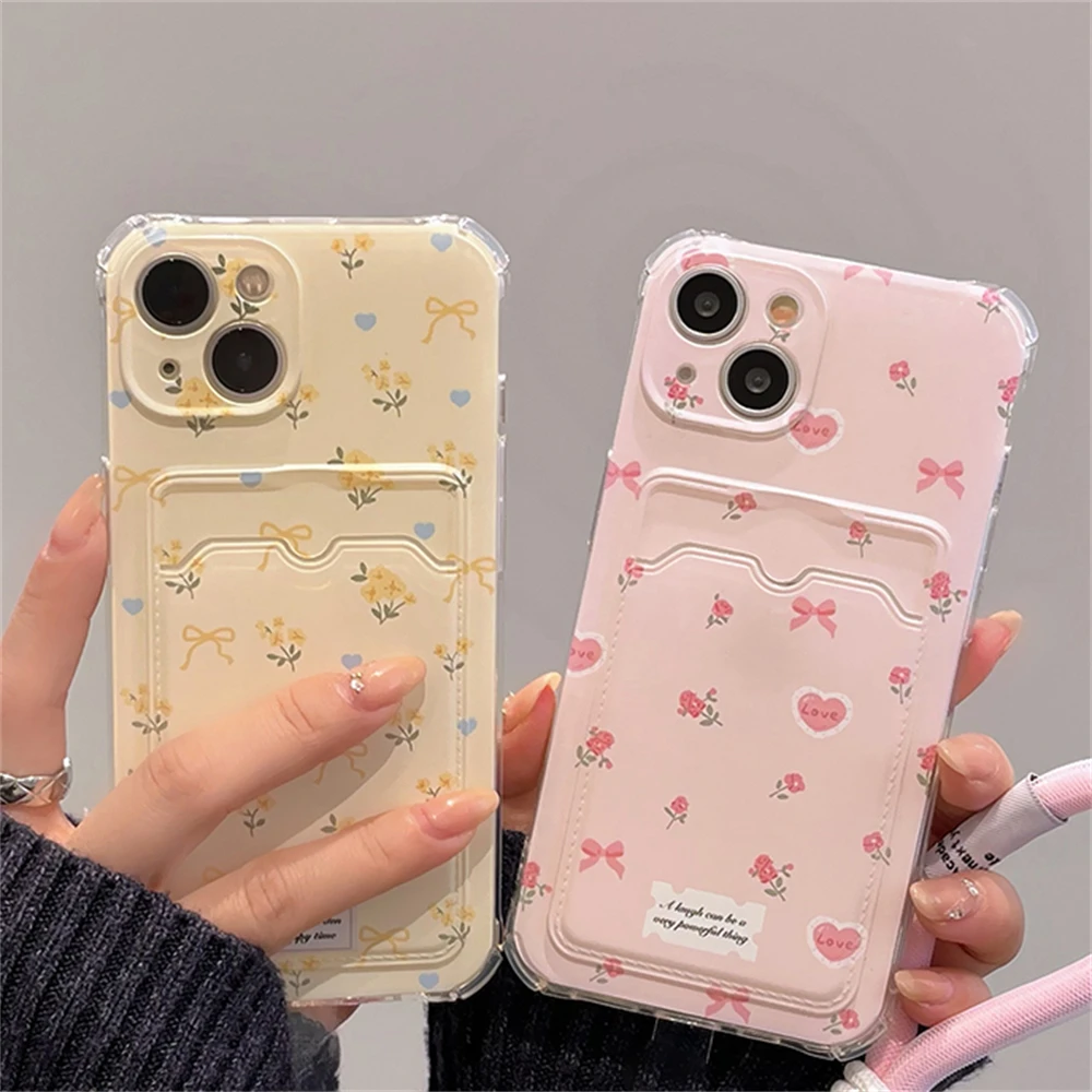 Clmj Korean Cute Love Heart Flower Card Hold Phone Case - Anti-Fall