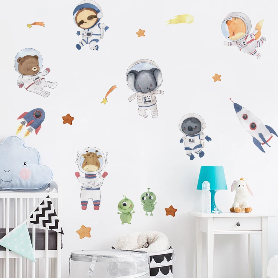 

Cartoon Space Animal Astronaut Wall Stickers Rocket Wall Decals Art Murals for Children Bedroom Nursery Baby Room Home Decor