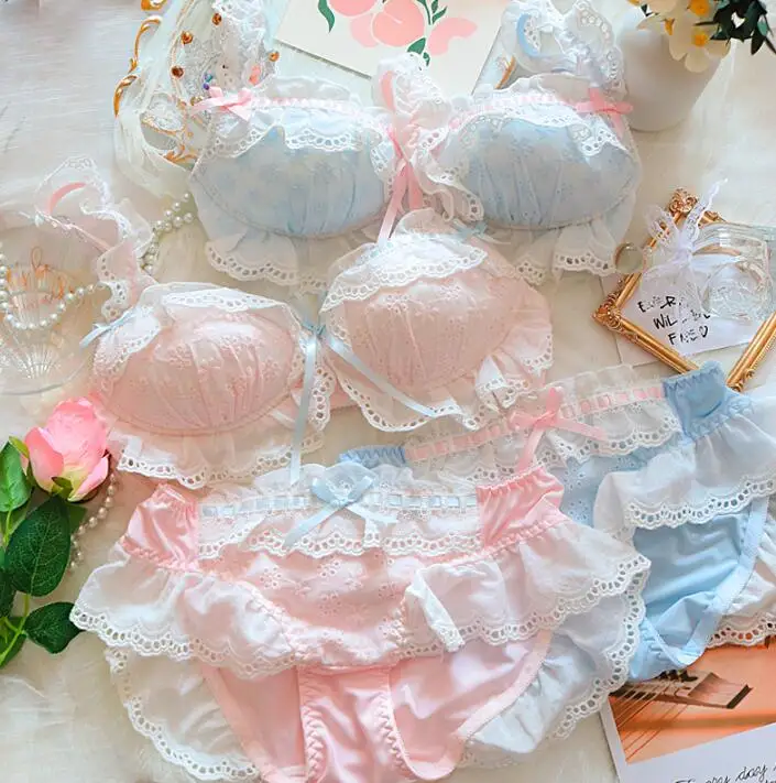 

Japanese cute sweet lolita flower blooming push up bra underwear set girl embroidery cotton no steel ring gather lingerie