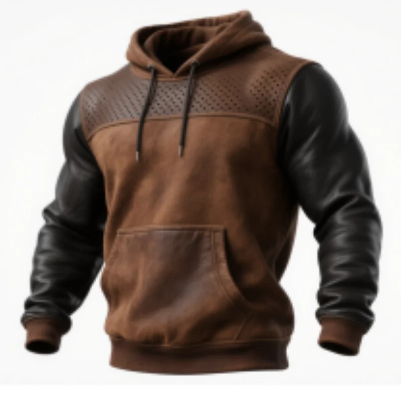 Mens Vintage Brown Hoodie Leather Trim Perforated Details Retro Streetwear Pullover Military Workwear Style Autumn Winter