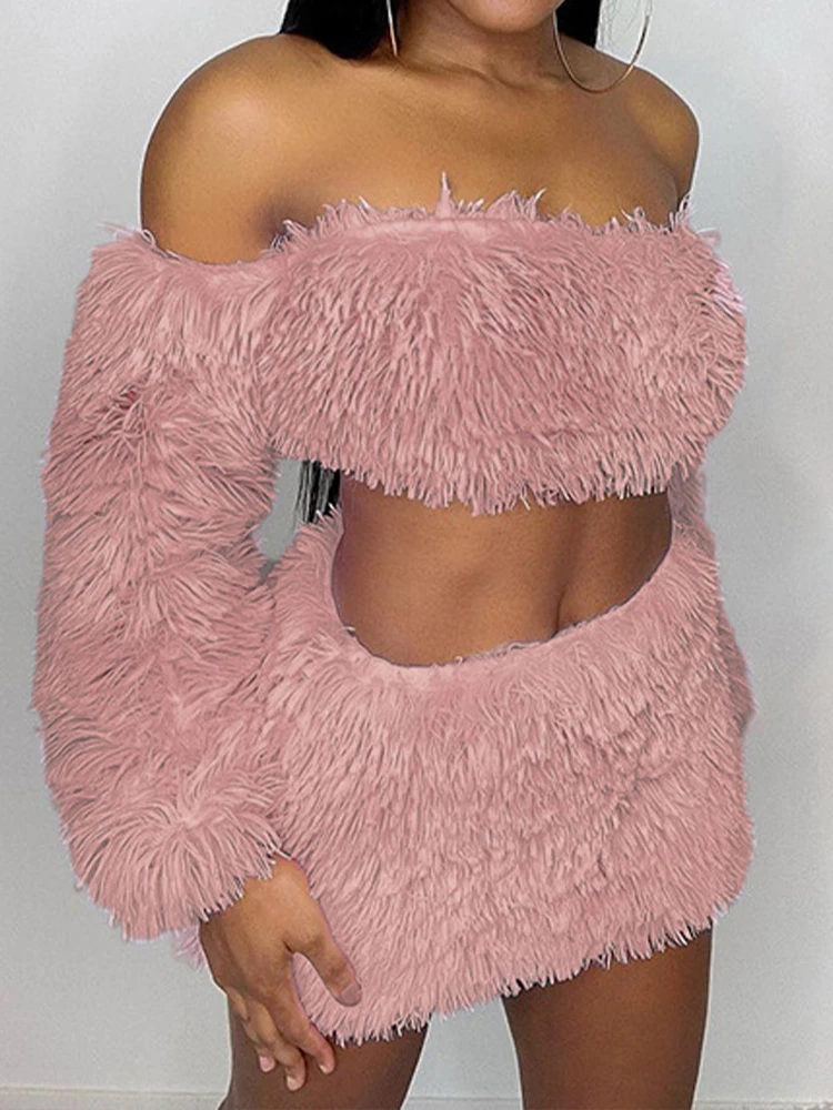 

OMSJ Soft Fur Winter Sexy Party High Street Slim Matching Suit For Women Pink Long Sleeve Strapless Cropped Tops And Mini Skirts