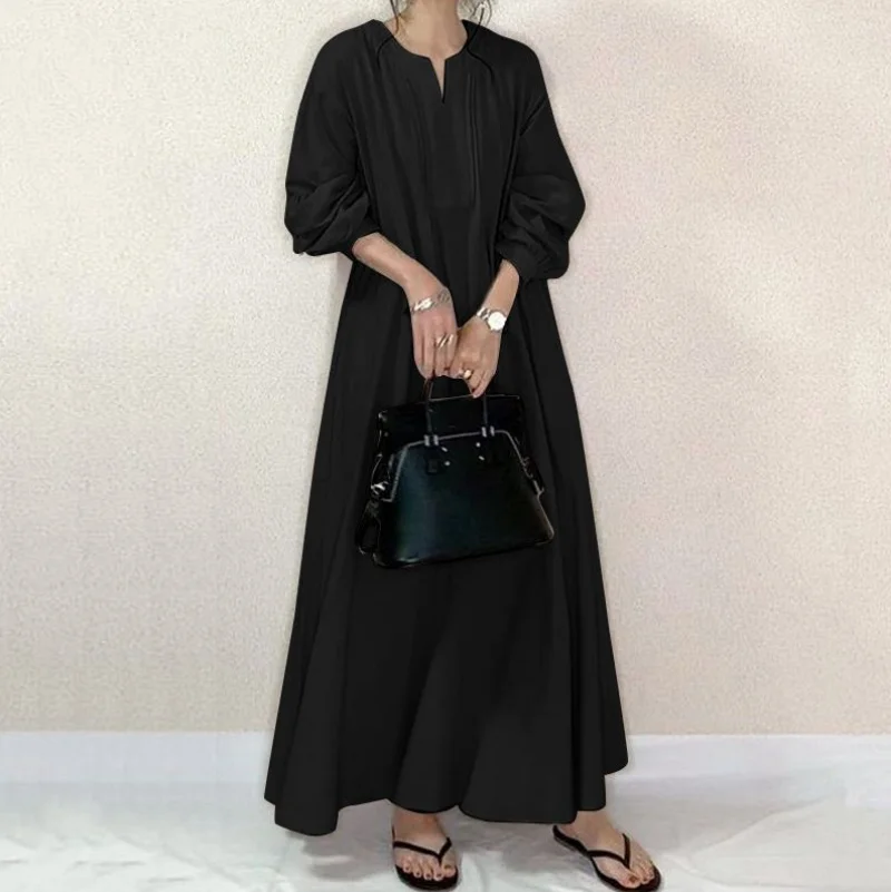 Muslim Abayat Dress Cotton and Linen Lazy Wind Abayas for Women Loose Round Neck Long Japanese and Korean Style Women's Dress