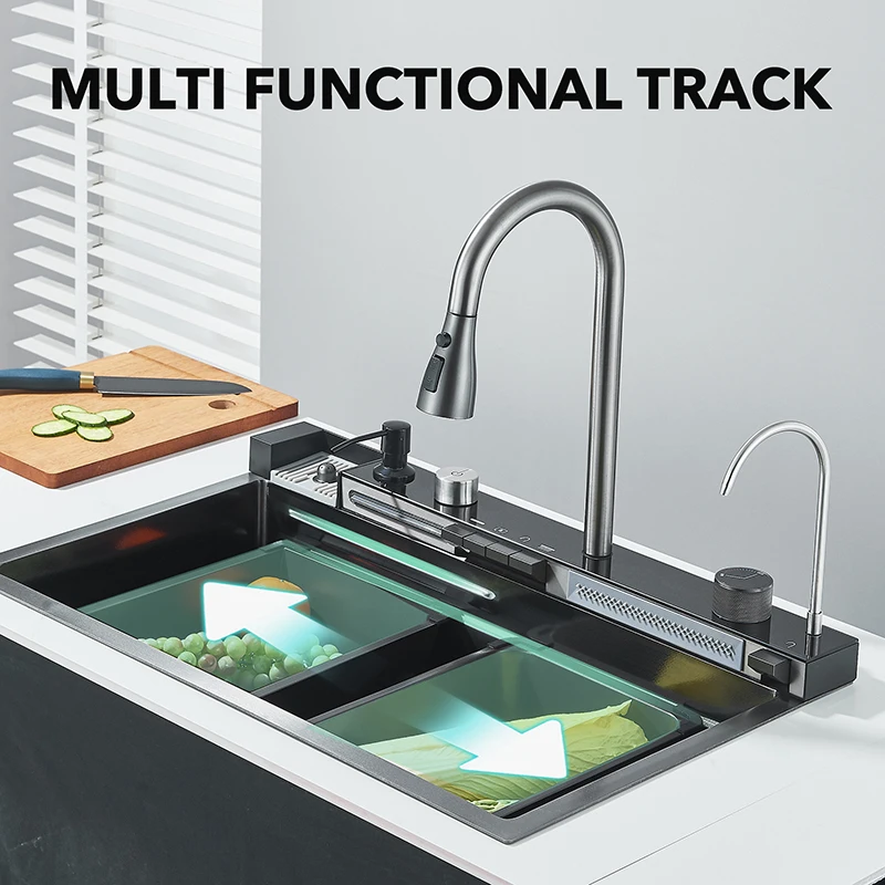 Shinesia Stainless Steel Kitchen Waterfall Sink Large Single Sink Dish Basin Sink With Cold and Hot Controlled Faucet 4