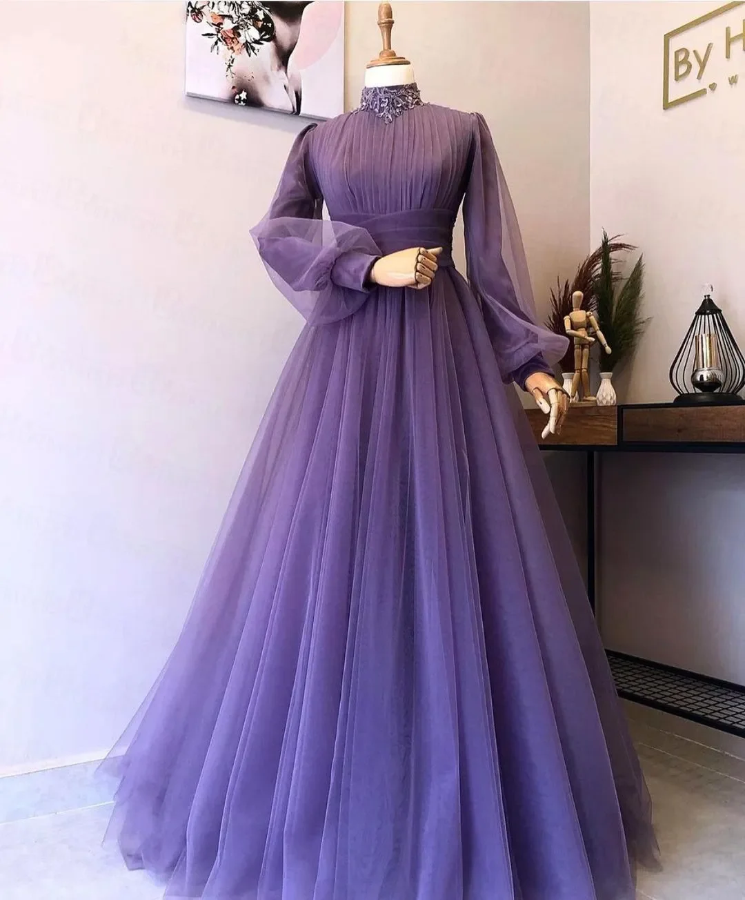 

Elegant vintage A-line high neck applique tulle floor-length women's evening gown Long sleeve formal party dress plus size