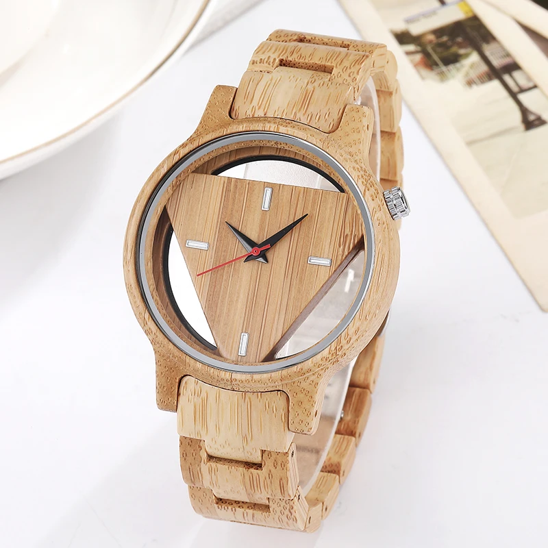 Unique Wooden Quartz Movement Women Watches Creative Built-In Triangle Dial Design Watch for Women Clock Gifts for Ladies 2021