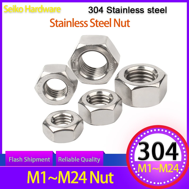 304 Hex Nut DIN934 304 Stainless Steel Hex Hexagon Nut  M1 M1.2 M1.4 M1.6 M2 M2.5 M3 M3.5 M4 M5 M6 M8 M10 M12 M16 M20 M24