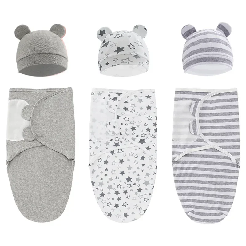 Organic Cotton Baby Swaddle Blanket Wrap Hat Set for Infant Adjustable Newborn Swaddle Baby for 0-3 Month cotton muslin blanket,cotton blanket,swaddle blanket,cotton swaddle,cotton gauze blanket,blanket hat set,cotton knit blanket