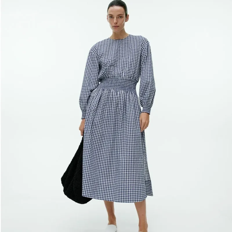 

AR 24ss High Street Ladies Casual Cotton Round Neck Waisted Plaid Dress Female Commuter Loose Dresses Y2k Dress for Women