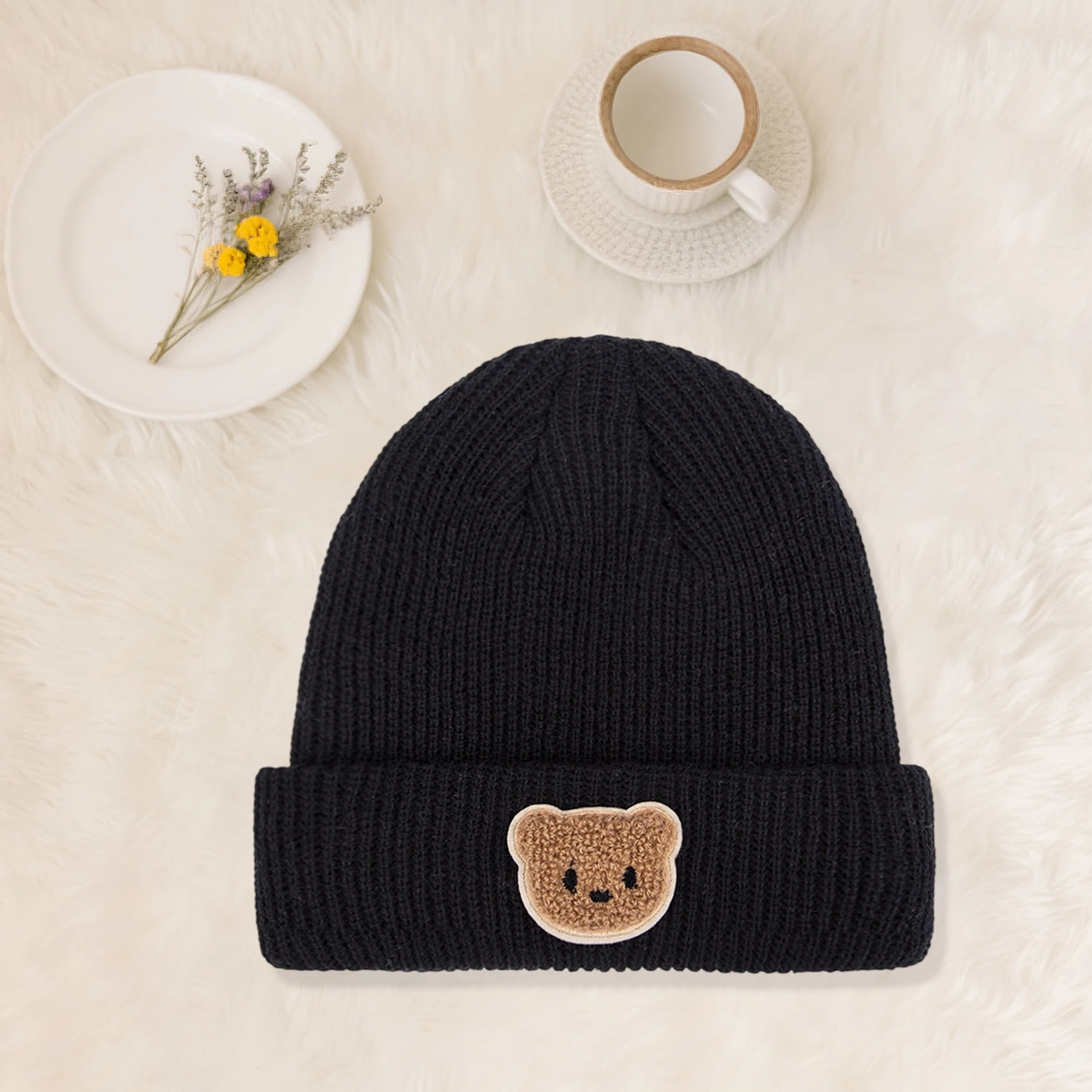 Cute Pom Pom Knit Beanie Hats for Toddlers Soft Winter Warm Caps with Bear Patch for Boys and Girls Cozy Infant Skull Caps